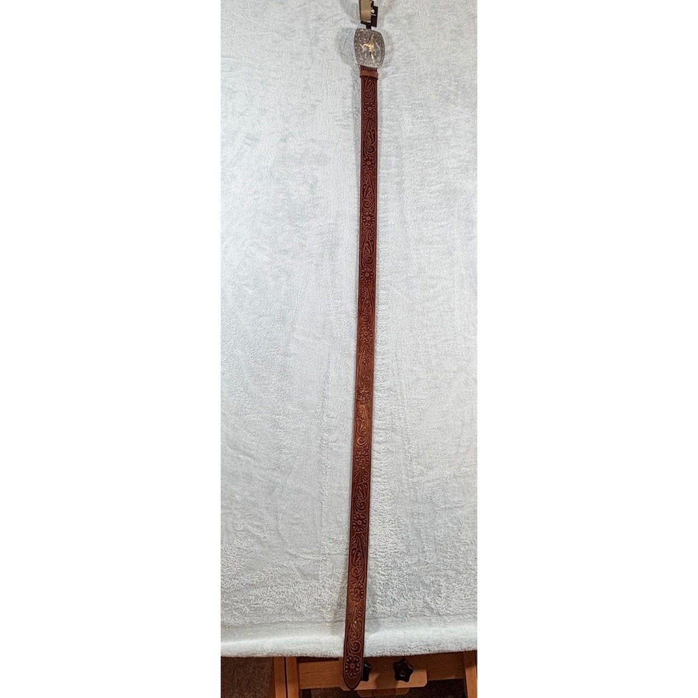 Kacey Lee Western Floral Embossed Genuine Leather Longhorn Belt 2XL Brown New - Picture 2 of 10